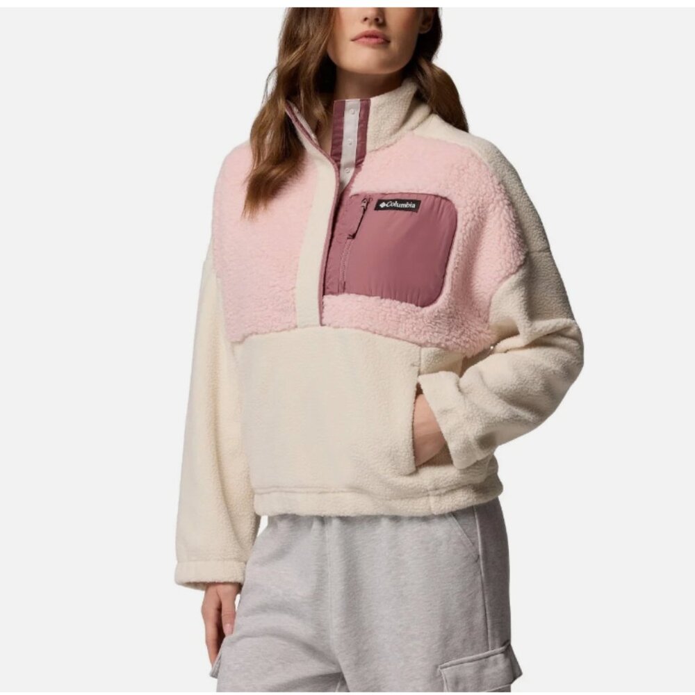 Columbia Cream and Pink Sherpa Half-Zip with Dusty Rose Chest Pocket